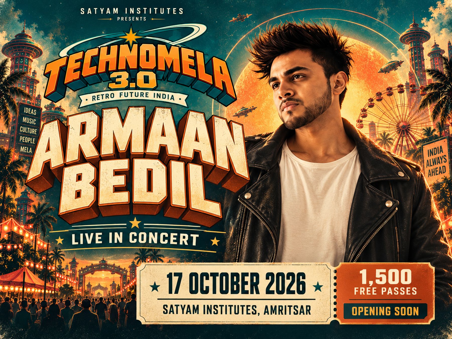 Armaan Bedil live in concert at Technomela 3.0 — 17 October 2026, Satyam Institutes, Amritsar. 1,500 free passes.